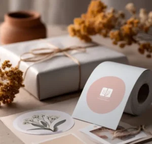 Un rollo de pegatinas troqueladas personalizadas redondas con un logotipo de color blanco