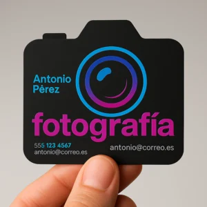 Tarjeta troquelada en forma de cámara fotográfica, con fondo negro mate y detalles brillantes en azul y fucsia, sostenida por una mano sobre fondo neutro, ideal para fotógrafos o estudios de imagen