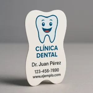 Tarjeta de visita troquelada en forma de diente con diseño profesional, texto en español y logotipo sonriente, ideal para clínicas dentales